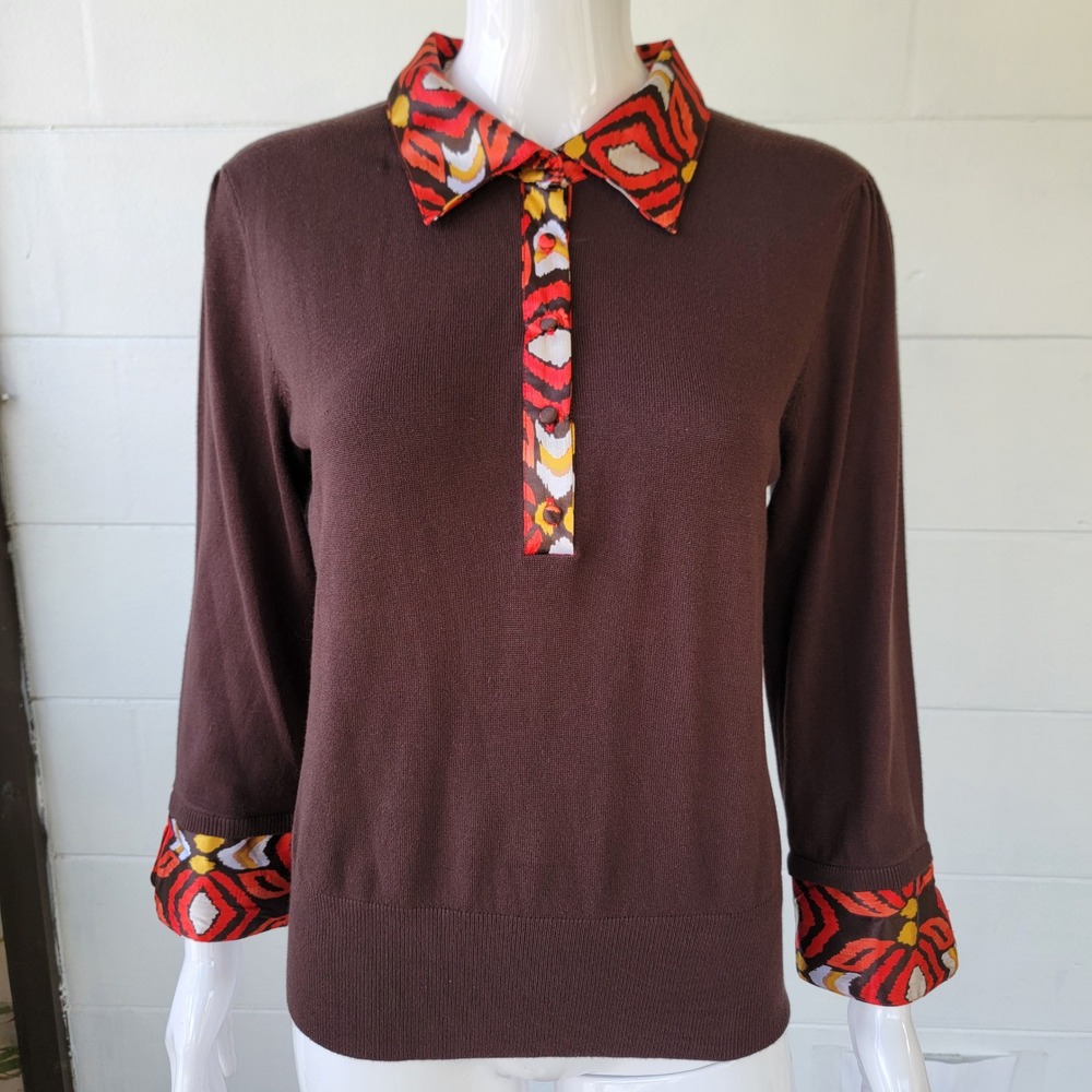 Fred David Petite Sweater Top Brown Womens PL Bohemian Office